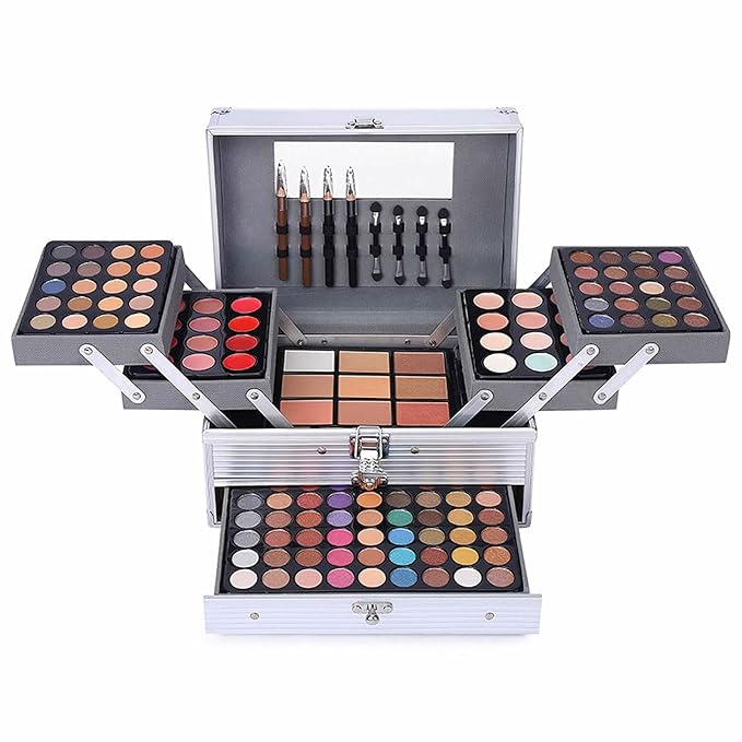 132 Color All In One Makeup Kit,Professional Makeup Case Set for Teen Girls, Multicolor Eyeshadow Palette(006N2-Silver)-GlimoraGlow