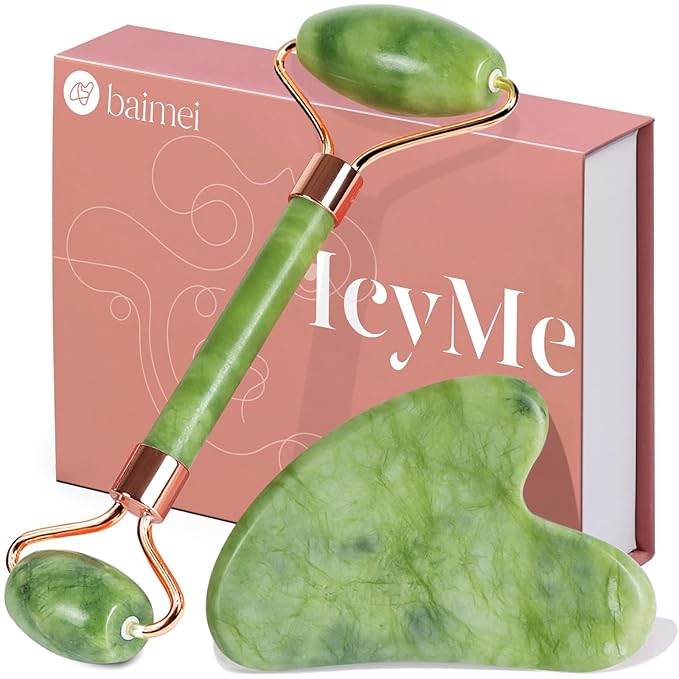 BAIMEI IcyMe Gua Sha & Jade Roller Facial Tools Face Roller and Gua Sha Set for Puffiness and Redness Reducing Skin Care Routine, Self Care Gift for Men Women - Green-GlimoraGlow