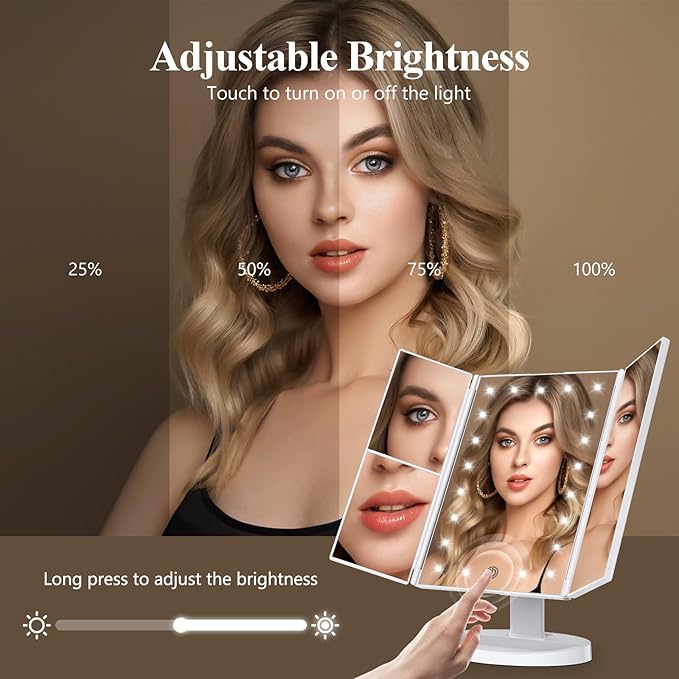HUONUL Makeup Mirror Vanity Mirror with Lights, 2X, 3X, 10X Magnification, Touch Control, Trifold, White, 9.4" L x 13.4" W, Modern Style, Dresser Mount, Bathroom-GlimoraGlow