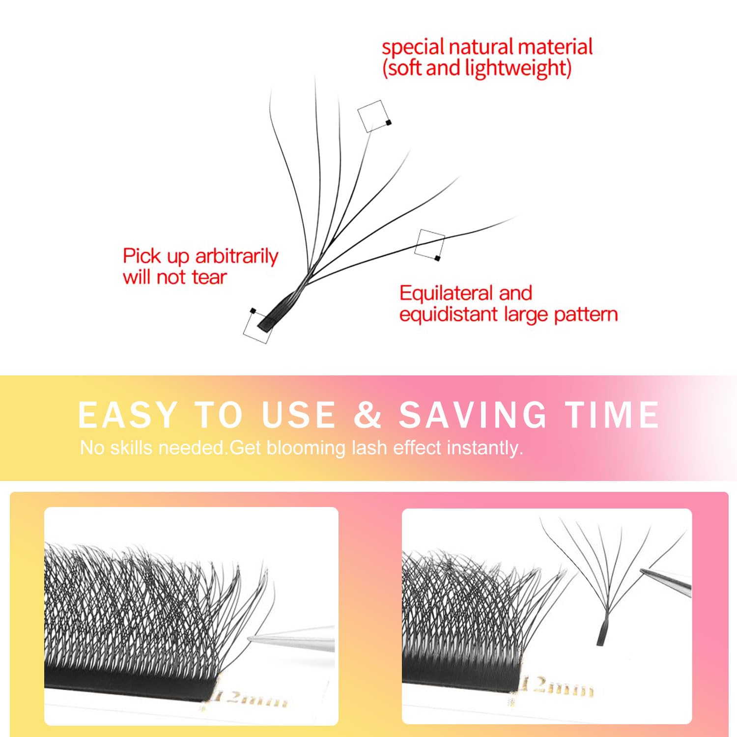 W Lash Extensions Supplies 7D Eyelash Extensions W Shape 0.07mm Thickness D Curl 9mm Premade Fans Easy Fan Lashes Volume Matte Black 12 Rows Crisscross Eye Lashes(W-7D-0.07-D,9mm)-GlimoraGlow