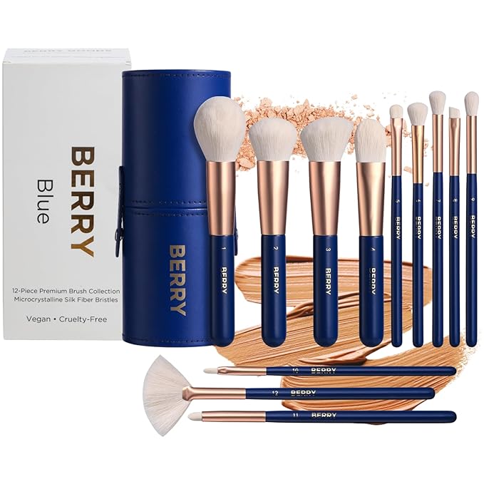 BERRY Blue Premium Makeup Brush Set – 12-Piece Professional Ultra-Soft Synthetic Brushes for Face & Eyes | Foundation, Powder, Blush, Concealer, Eyeshadow – Vegan, Cruelty-Free, Numbered, Travel Case-GlimoraGlow