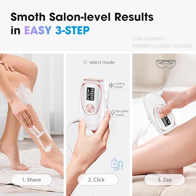 IPL Laser Hair Removal Device for Women & Men - Home 45°F Ice-Cooling Contact for Painless & Long-Lasting Results, 86% Hair Reduction in 3 Weeks for Full Body & Bikini Line, White-GlimoraGlow
