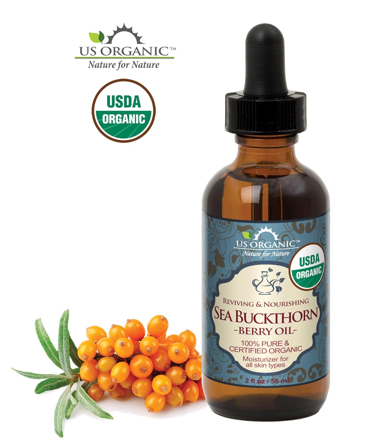 US Organic Sea Buckthorn Berry (Fruit) Oil, Supercritical CO2 extracted, USDA Certified Organic,100% Pure Virgin, Unrefined in Amber Glass Bottle, Face, Hair, spot Treatment, Anti Aging, 2 oz (56 ml)-GlimoraGlow