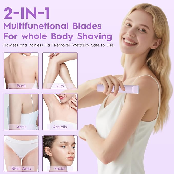 2025 Upgraded Dermave Bikini Shaver - 2 in 1 Bikini Trimmer for Women with LCD Display, Dual Head Cordless Electric Shaver, IPX7 Waterproof Wet/Dry Body Hair Trimmer for Face,Purple-GlimoraGlow
