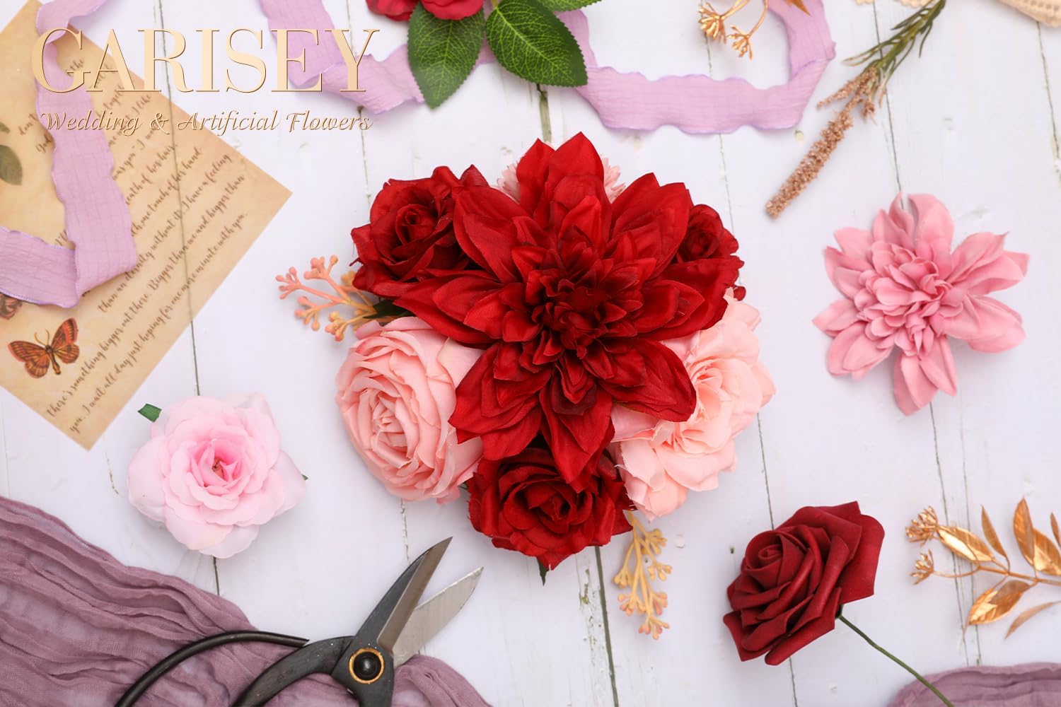 Artificial Flowers Combo, Mix Silk Flowers Roses, Peonies, Dahlias with Stems for DIY Wedding Bridal Bouquets, Baby Shower, Table Centerpieces, Home Decor, Fake Floral Arrangements-Red&Pink