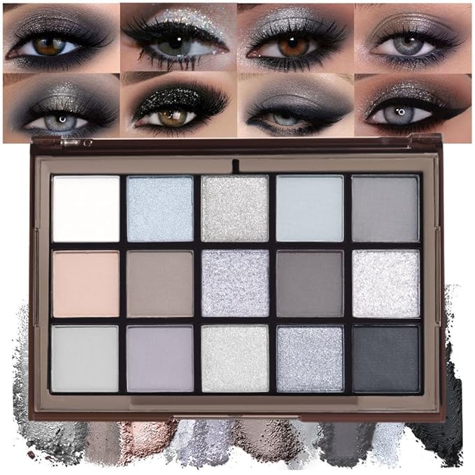 15 Colors Black Gray Silver Matte Shimmer Eyeshadow Palette for Eye Makeup,High Pigmented Brown White Eye Shadow Primers Powder Palet de sombras de ojos-GlimoraGlow