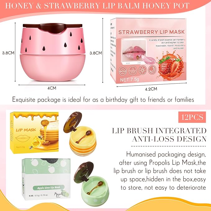 12 Pcs Bee Lip Balm Honey Pot with Brush Propolis Lip Mask Overnight, Moisturizing Hydrating Lip Sleeping Mask Prevention Dry and Cracked(Honey+Strawberry+Apple Lime)-GlimoraGlow