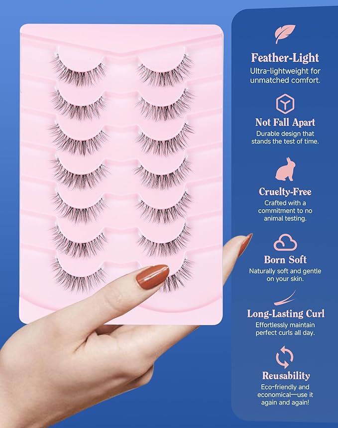 Lashes Natural CLear Band Wispy False Eyelashes Natural Look Flared Strip Eyelash False Eye Lash Soft 7 Pairs Everyday SF-04-GlimoraGlow