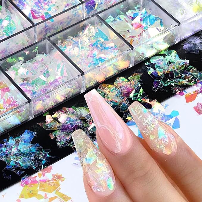12 Colors Holographic Nail Art Glitter Sequins Aurora Holographic Mermaid Nail Glitter Flash Ice Residue Nail Glitter Sequin Chameleon Flakes Set Fluorescent Glass Paper for Face Body DIY Decoration-GlimoraGlow