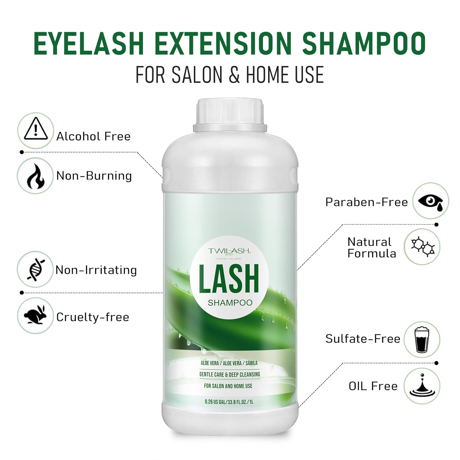 Lash Shampoo Bulk, Eyelash Cleanser for Extensions 1 Liter, Safe Makeup Remover, Non-irritating or Burning Formula Eyelid Foaming Cleanser for Professional Salon and Home Use (Aloe Vera-1L)-GlimoraGlow