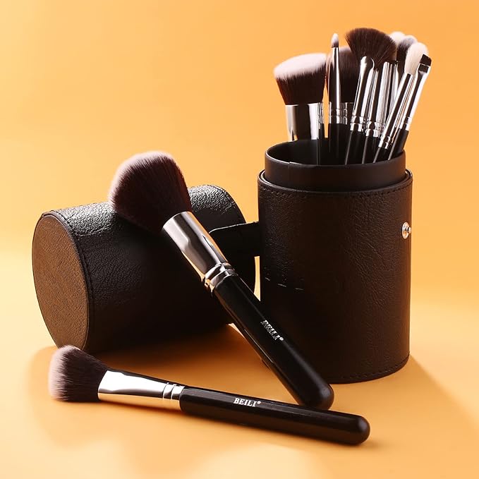 BEILI Makeup Brushes 12pcs Makeup Brushes Set with Holder Premium Synthetic Kabuki Foundation Brush Blending Blush Concealer Full Face Makeup Brushes Kit With Gift Box(Black)-GlimoraGlow