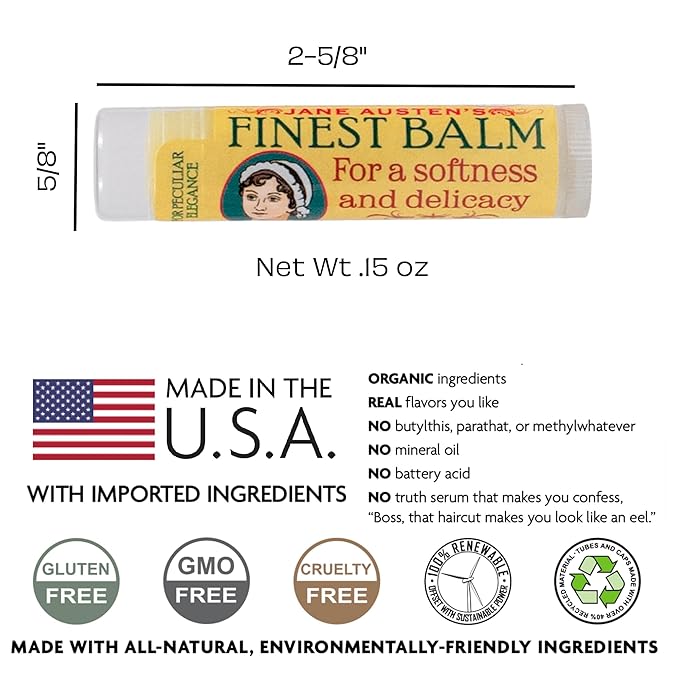 Jane Austen's Finest Balm, Lip Balm Tube, Peppermint Flavored - Cruelty-Free and Made in the USA from Natural and Imported Ingredients-GlimoraGlow