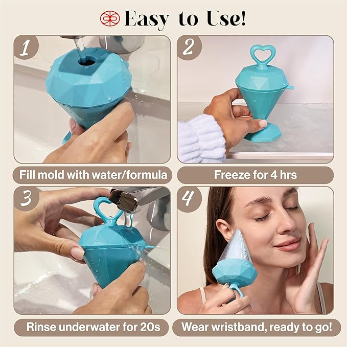 Rena Chris Ice Roller for Face: Diamond Ice Facial Roller, Reach Detailed Areas, De-Puff Eye Bags, Reusable Silicone Massage Ice Mold with Face Wash Wristband, Skin Care Tools for Women(Blue)-GlimoraGlow