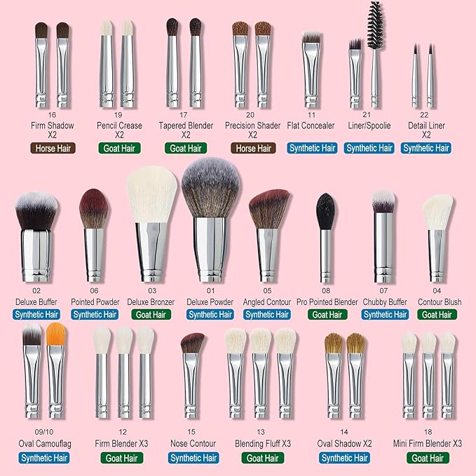 Bueart Design Pro makeup Artist 34Pcs Deluxe Real Goat Hair Horse hair Makeup Brushes Set with extra Large Holder High End Professional labeled makeup brush set with natural Pony Hair-GlimoraGlow