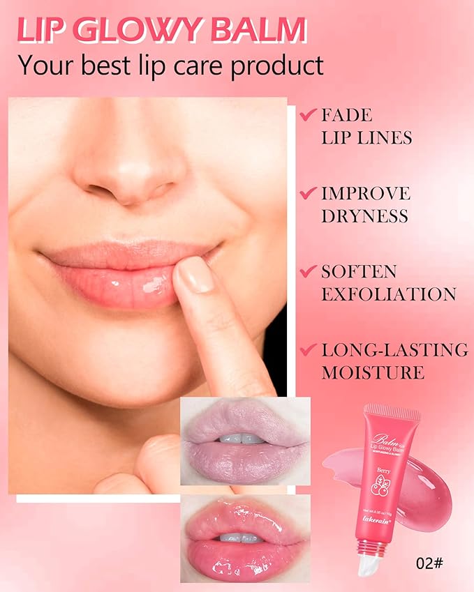 Hydrating Lip Glowy Balm, Ultra-Nourishing Lip Balm for Dry Cracked Lips, Moisturizer Lip Repair Sleeping Lip Mask, Day and Night Lip Care Therapy Treatment, Glossy Smooth Lip Butter Balm-02#Berry-GlimoraGlow