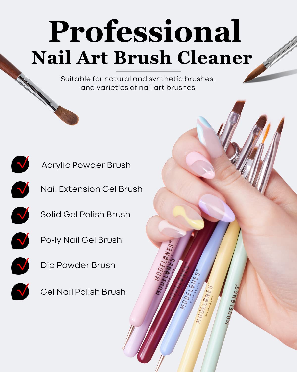 Modelones Nail Art Brush Cleaner & Restorer for Nail Polish/Extension Gel/Solid Builder Gel/Dip Powder/Acrylic Manicure Kits DIY Salon at Home - 80ml, W/Pro Brush-GlimoraGlow