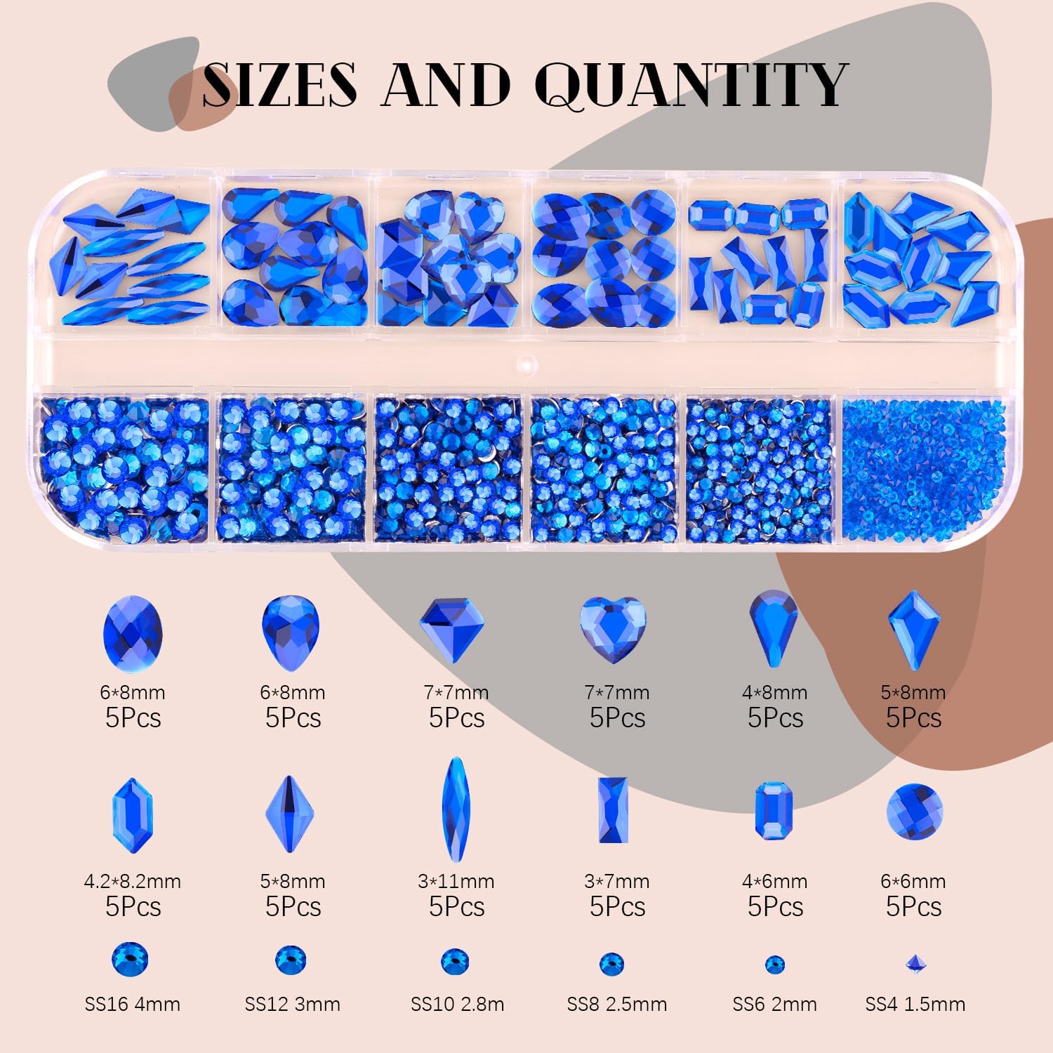 2060Pcs Royal Blue Glass Nail Rhinestones 60Pcs Multi Shapes Flatback Nail Gems + 2000Pcs 1.5-4mm Round Crystal, Manicure Nail Charms Diamond Gemstones for Acrylic Nails Decoration-GlimoraGlow