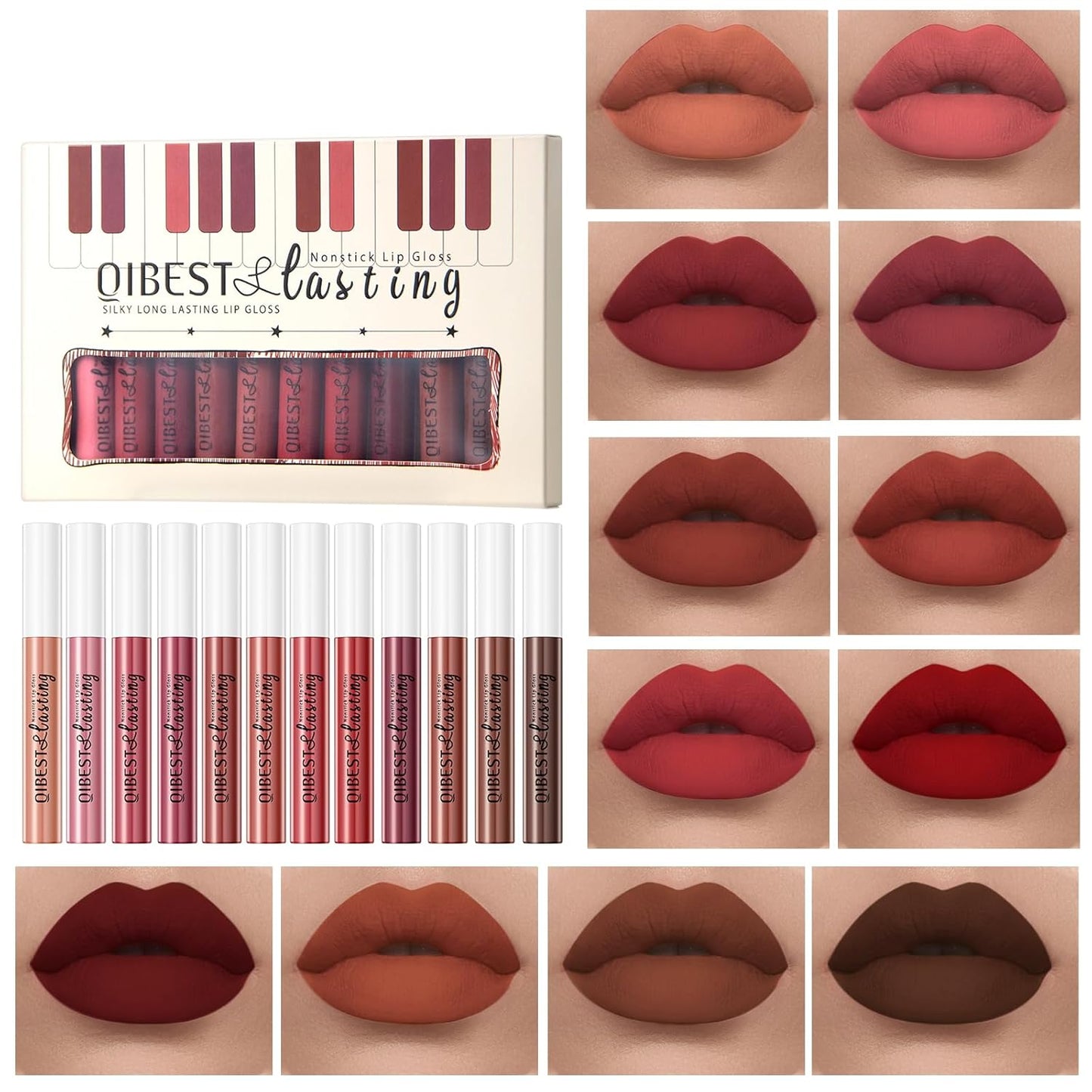 12Pcs Matte Liquid Lipstick Set for Girls & Women, 24 Hours Long Lasting Waterproof Nude & Dark Red Lip Gloss Makeup Kits, Velvet Non-Stick Cup Mate Duracion 24 Horas Originales Lip Stains (Set 01, 1)-GlimoraGlow