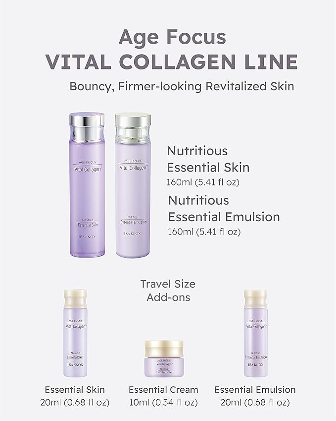 ISA KNOX AGE FOCUS VITAL COLLAGEN SKINCARE GIFT SET - Korean Luxury Premium High-end Skin Toner, Emulsion Lotion, Cream, Hydrolyzed Collagen, Vitamin B12, E, C, (370ml / 12.51 Fl Oz)-GlimoraGlow