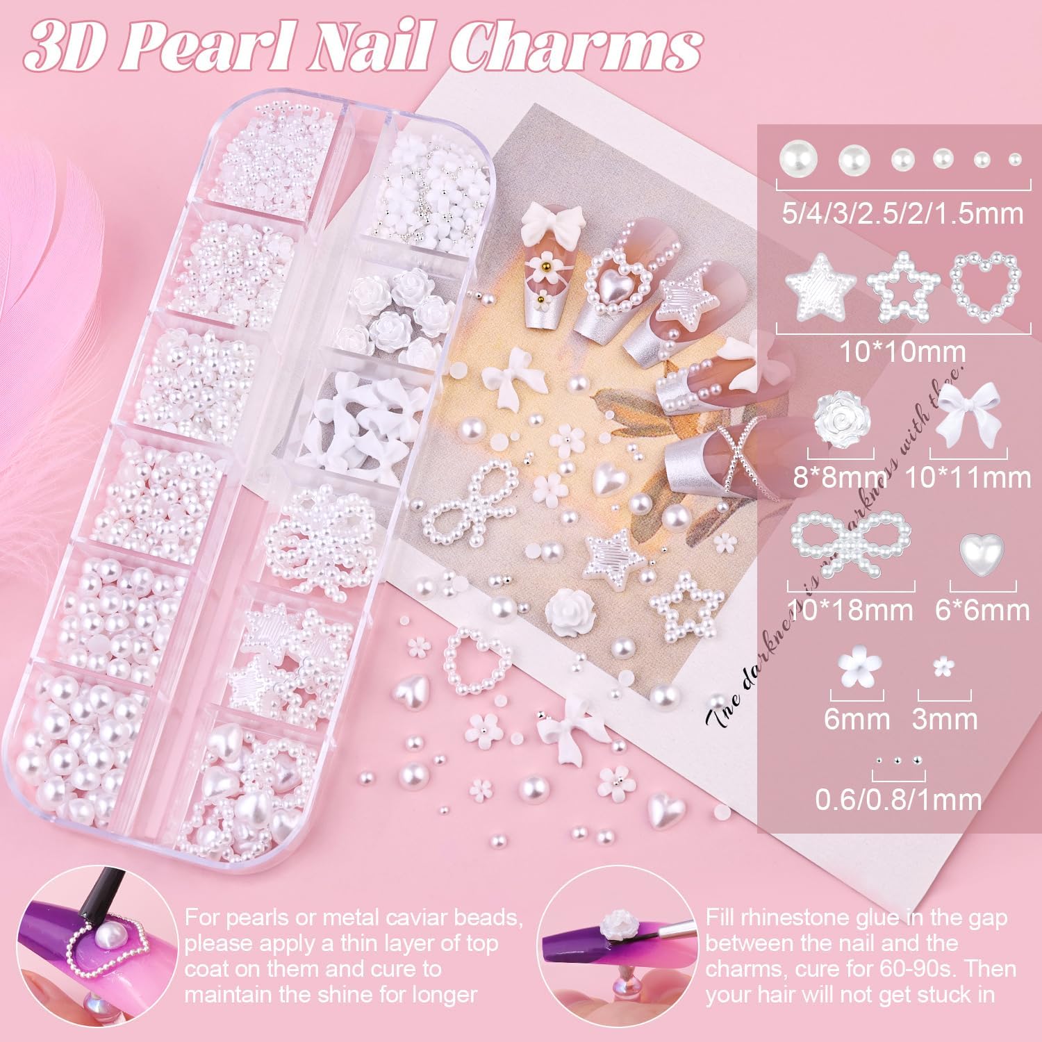 2 Boxes Flatback Pearls (White) and Metal Nail Beads (Silver+Gold) for Acrylic Nail Tips Manicure Decor-GlimoraGlow