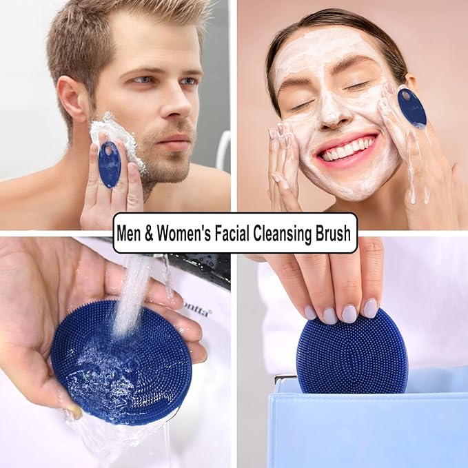 INNERNEED Silicone Face Exfoliating Brush Manual Handheld Facial Cleansing Scrubber Blackhead Remover, Food-Grade Soft Bristle (Dark Blue+Gray)-GlimoraGlow