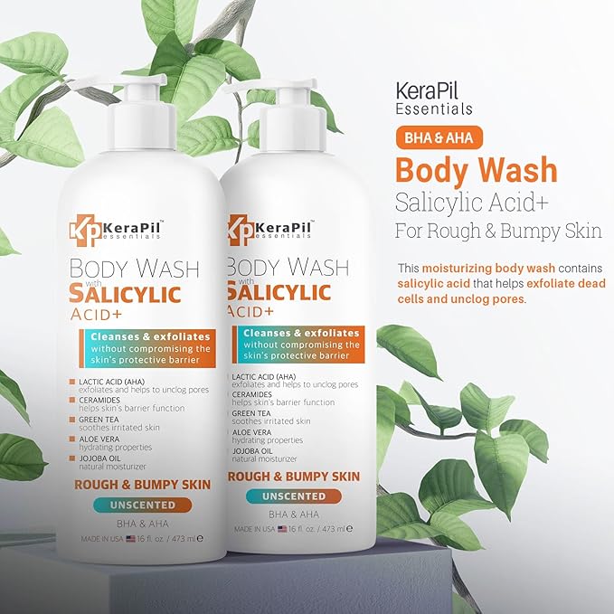 Salicylic Acid Body Wash - Skin Non-drying, Gentle Exfoliates Rough and Bumpy Skin, Body Acne Wash, BHA & AHA - Unscented Exfoliating Body Wash, Made in USA - (16 fl oz x 2)-GlimoraGlow