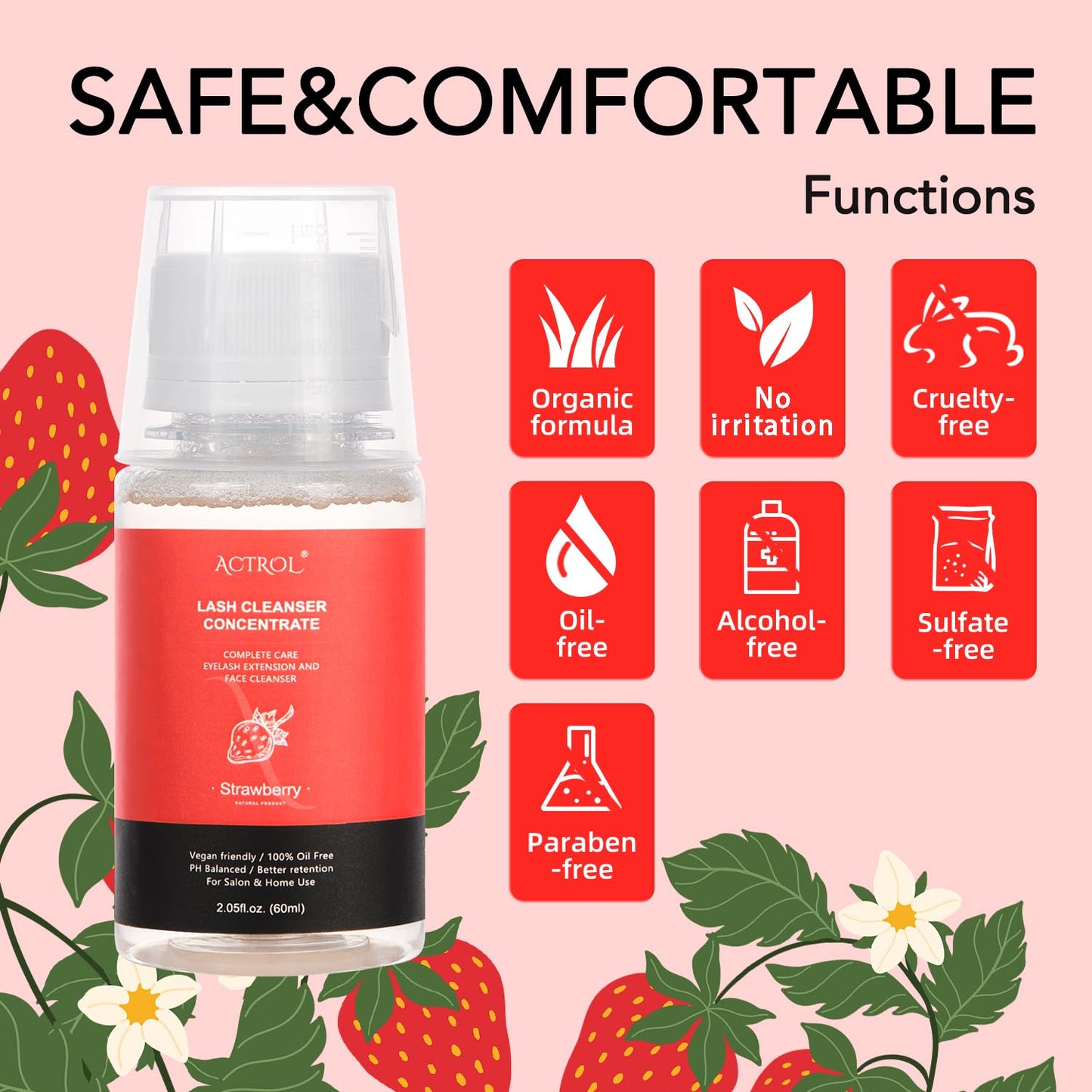 Eyelash Cleanser Concentrate 60ml Strawberry Professional Lash Shampoo Foaming Cleanser DIY Paraben & Sulfate Free Non-lrritating Wash for Extensions Lashes with Salon Home Care-Makes 6 Bottles-GlimoraGlow