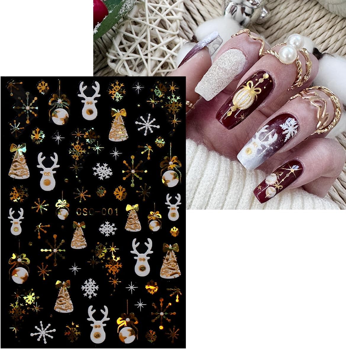 JMEOWIO 8 Sheets Christmas White Glitter Gold Nail Art Stickers Decals Self-Adhesive Snowflake Winter Holiday Nail Supplies Nail Art Design Decoration Accessories-GlimoraGlow