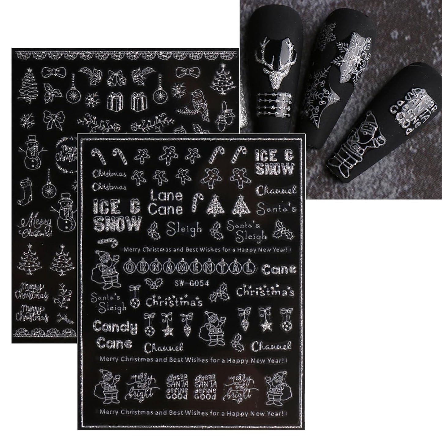 JMEOWIO 9 Sheets Christmas Glitter Nail Art Stickers Decals Self-Adhesive Snowflake Winter Holiday Silver Nail Supplies Nail Art Design Decoration Accessories-GlimoraGlow