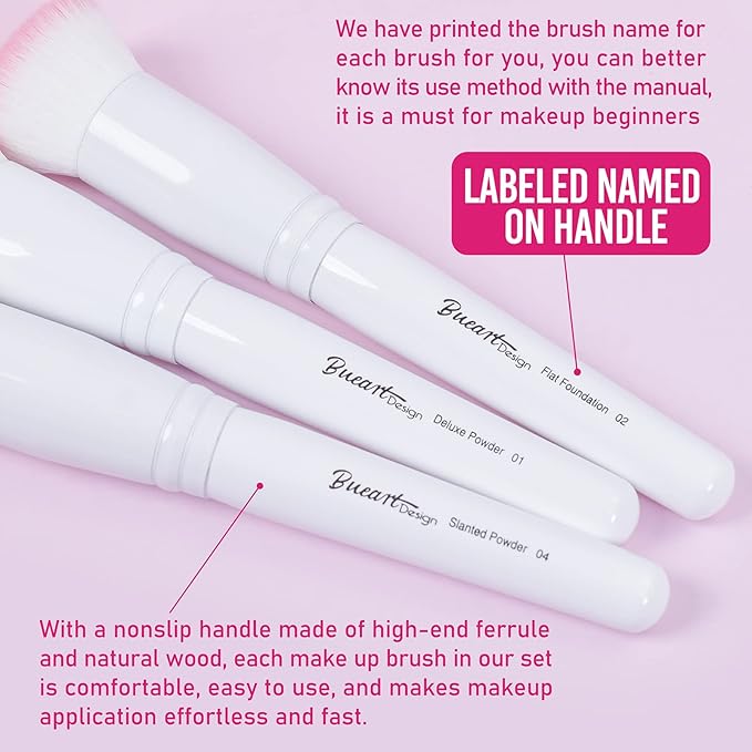 Bueart Design 16Pcs ULTRA SOFT labeled Makeup Brushes set with brush Holder face brush for Foundation Powder Blending Blush wooden Handle(16Pcs White+Pink Holder)-GlimoraGlow