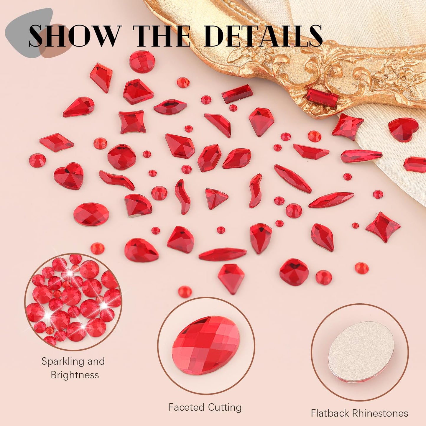 1680Pcs Red Glass Nail Rhinestones 180Pcs Multi Shapes Flatback Nail Gems + 1500Pcs 1.5-4mm Round Crystal, Manicure Nail Charms Diamond Gemstones for Acrylic Nails Decoration-GlimoraGlow
