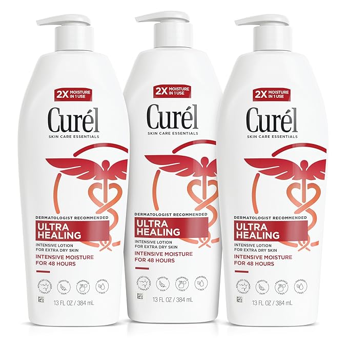Curel Ultra Healing Intensive Fragrance-Free Lotion For Extra-Dry Skin, Dermatologist Recommended, Ideal for Sensitive Skin, Cruelty Free, Paraben Free, 13 Oz, Pack of 3-GlimoraGlow