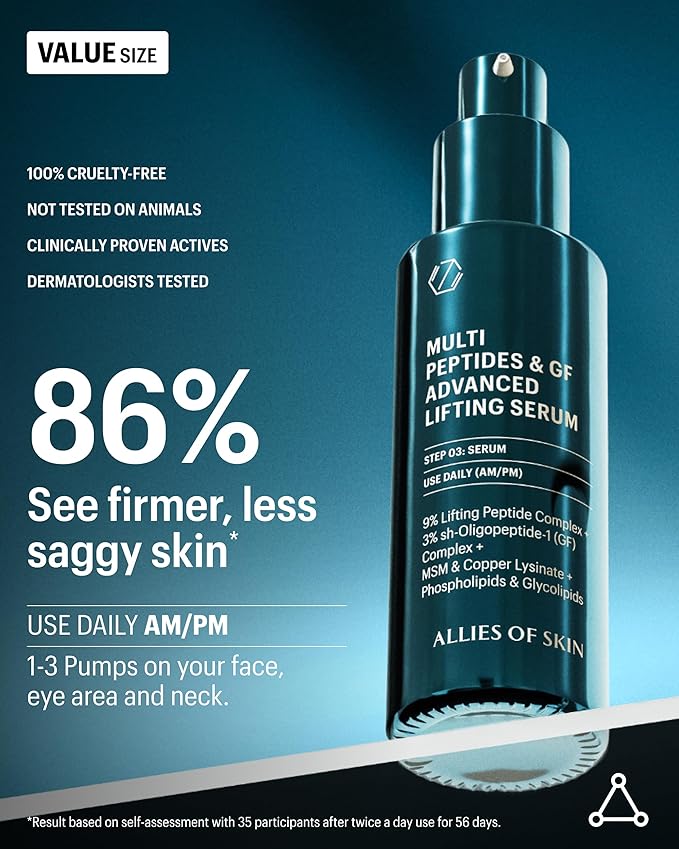 Allies of Skin Jumbo Size Multi Peptides & Growth Factor Collagen Boosting Face Serum | Skin Tightening Anti-Aging Complex with 9% Peptides| Firms Sagging Skin & Visibly Reduces Wrinkles (1.7 oz)-GlimoraGlow