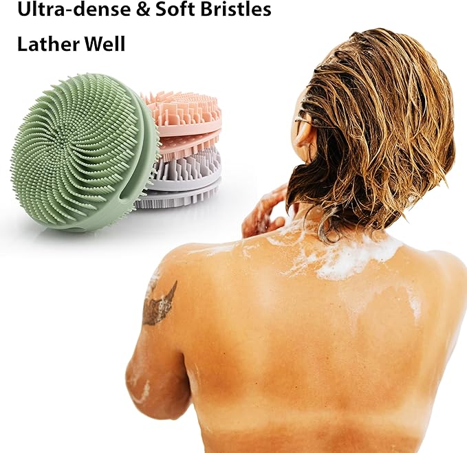 2 PC Silicone Exfoliating Body Scrubber, Silicone Body Shampoo Brush, Soft Silicone Loofah for Sensitive Skin, Shower Silicone Hair Scalp Massager, Easy to Clean, Lather Well(Gray&Green)-GlimoraGlow
