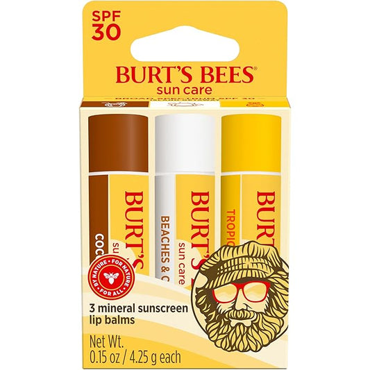 Burt’s Bees SPF 30 Lip Balm Mothers Day Gifts for Mom, Island Getaway - Coco Loco, Beaches & Cream, Tropic Like It's Hot, Water-Resistant Sun Care, Natural Origin Lip Treatment, 3 Tubes, 0.15 oz-GlimoraGlow