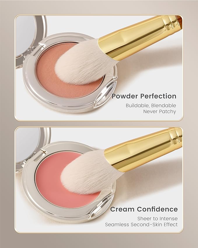 Desert Oak Series CM 160 Angled Blush Brush for Cheeks – Ideal for Powder & Cream Blush, Golden Brass Ferrule, Ebana Bubinga Handle, Soft Nylon Bristles-GlimoraGlow