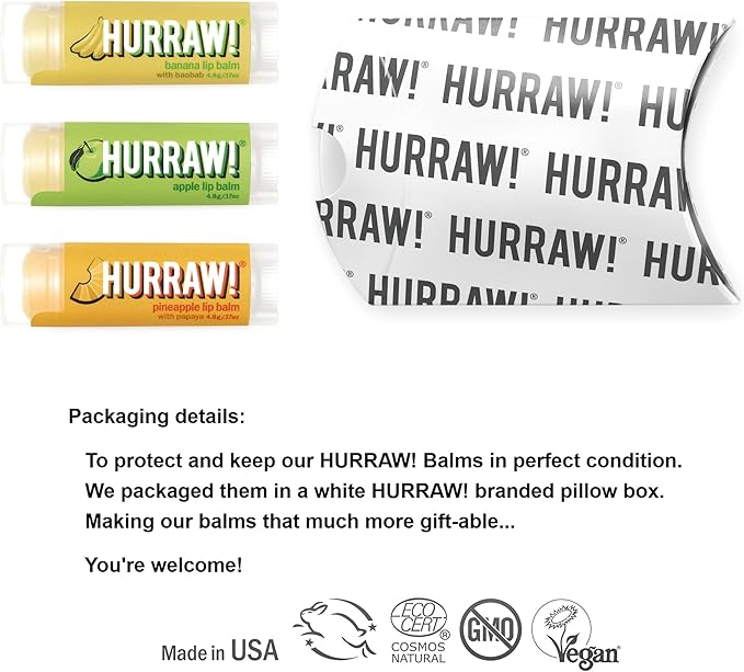 Hurraw! Banana, Apple, Pineapple Lip Balms, 3 Pack Bundle: Organic, Certified Vegan, Cruelty and Gluten Free. Non-GMO, 100% Natural. Bee, Shea, Soy & Palm Free. Made in USA-GlimoraGlow