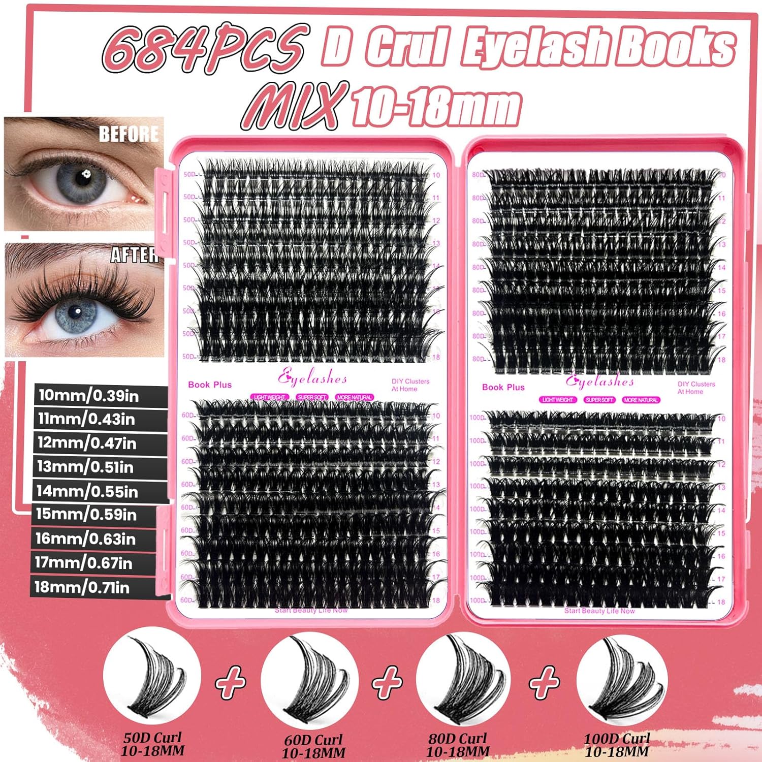 DIY Lash Extension Kit 684Pcs 10-18mm D Curl Lashes Clusters with Lash Bond and Seal Glue Remover Lash Shampoo Cleansing Brush Headband Wristband Tweezers Eyelash Brush Applicator-GlimoraGlow