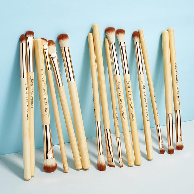 Jessup Eye Makeup Brushes Set, Premium Synthetic Eyeshadow Blending Concealer Eyebrow Eyeliner Brush, 15pcs Labeled Bamboo Make Up Brushes T137-GlimoraGlow