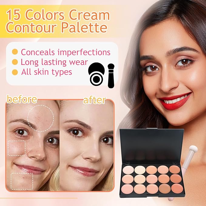 15 Colors Cream Contour Palette,Lightweight Concealer Full Coverage Contouring Liquid Foundation Palette,Multi-use Blendable Color Corrector Concealer Palette with Makeup Sponge-GlimoraGlow