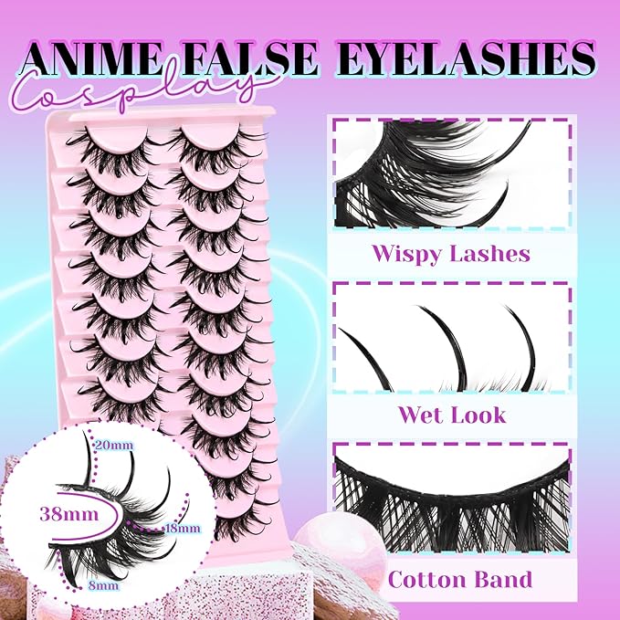 Losha Lashes Spiky Manga Lashes Wet Look Dramatic False Eyelashes 10 Pairs D Curl Cat Eye Lashes Kit with Lash Glue and Lash Tweezers Cosplay Anime Fake Eyelashes (Daring)-GlimoraGlow
