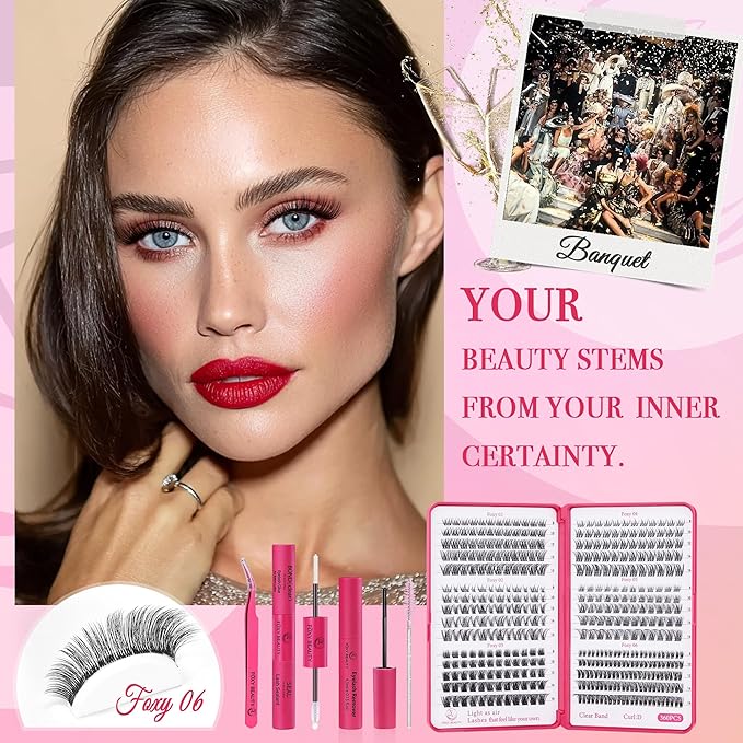 Nova Lash Clusters Kit - 360 pcs Lash Clusters Natural Look Invisible Band Eyelash Clusters Lash Extension Kit with Bond and Seal 0.07D D Curl WideSpan Cluster Eyelash Extension Kit 8-16mm DIY at Home-GlimoraGlow