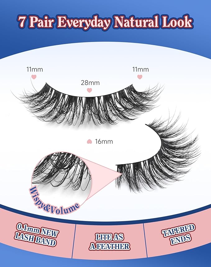 Lashes Volume False Eyelashes Wispy Natural Look Everyday Flared Strip EyeLash Fluffy Lash Long Soft Round-Eye Pack 16MM 7 Pairs D89-GlimoraGlow
