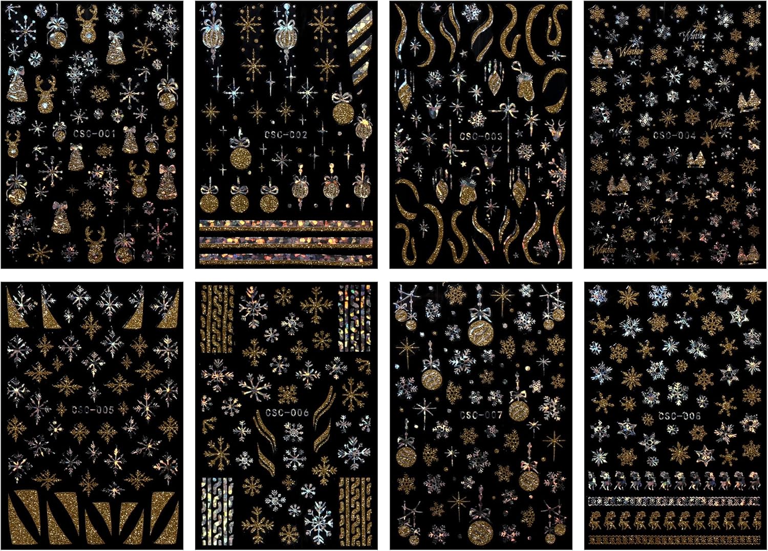 JMEOWIO 8 Sheets Christmas Gold Glitter Silver Nail Art Stickers Decals Self-Adhesive Snowflake Winter Holiday Nail Supplies Nail Art Design Decoration Accessories-GlimoraGlow