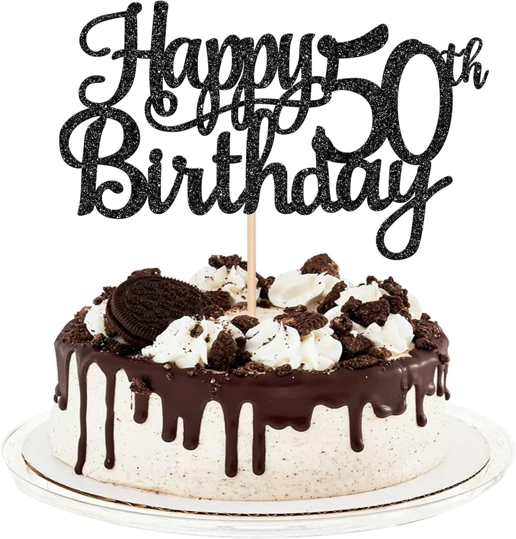 1 PCS Happy 50th Birthday Cake Topper Glitter Cheers to 50 Years Birthday Cake Pick 50 Fabulous Cake Decoration for Happy 50th Birthday Anniversary Party Decorations Supplies Black