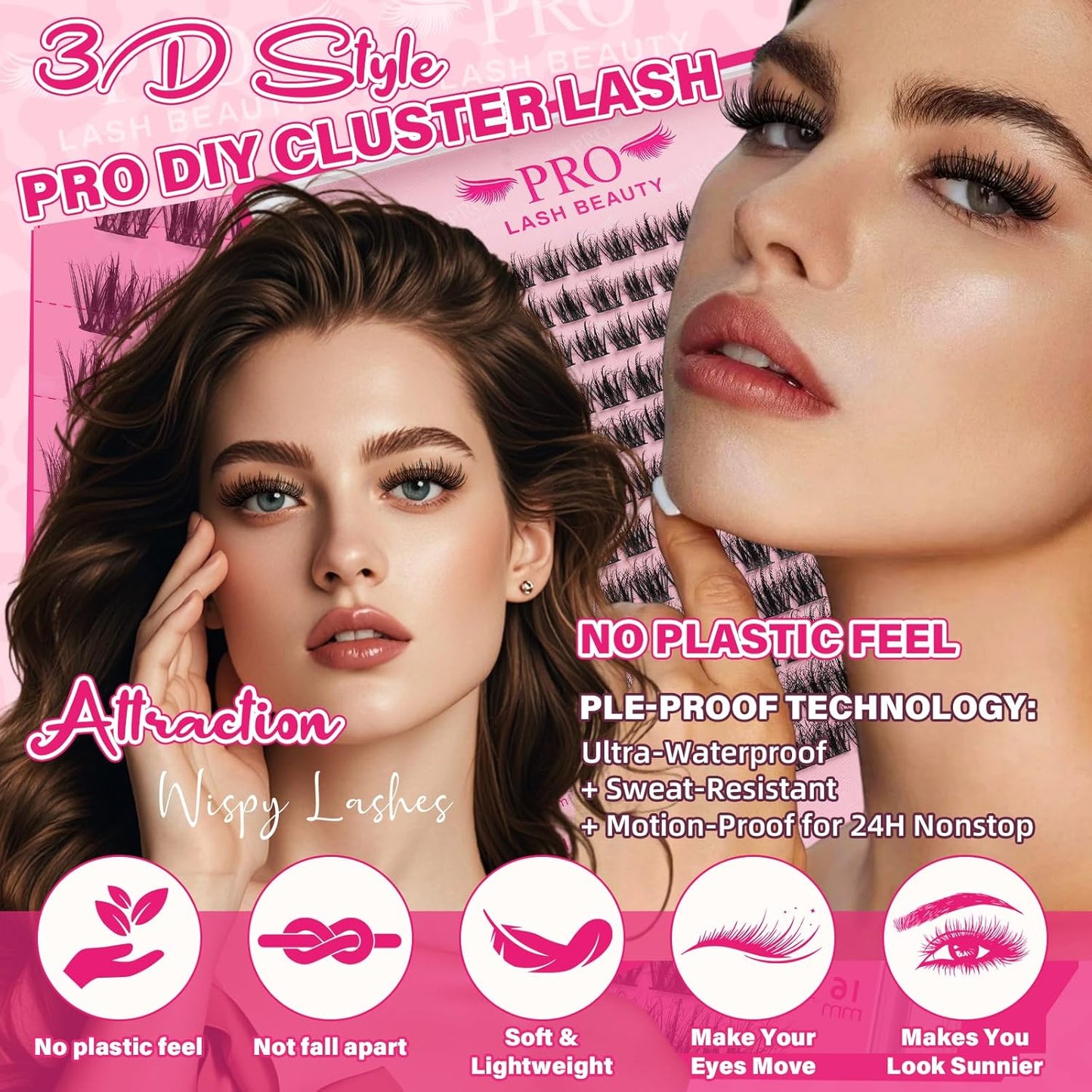 PROLASHBEAUTY Lash Clusters Kit 3D Volume Plushy Eyelash Clusters Kit Ultra Thin Band Soft Clusters Lashes Kit with Waterproof Lash Bond and Seal Remover (Attraction-3D, 8-16mix)-GlimoraGlow