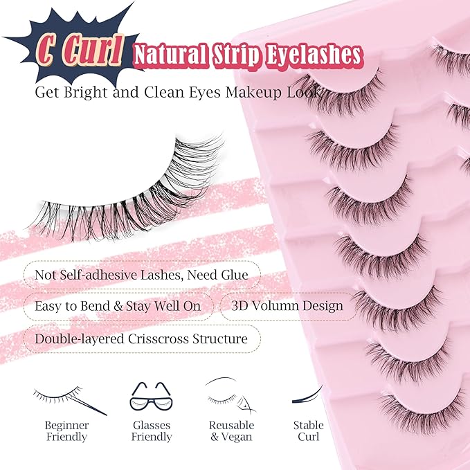 Natural Lashes False 11mm Short Eyelashes Wispy C Curl Eye Lashes Pack with Thin Cotton Band Fake Eyelash 3D Volume For Daily Siligli Lash 7 Pair-GlimoraGlow