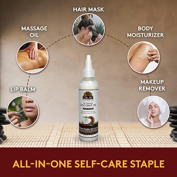 Okay 100% Pure Coconut Oil for Hair & Skin - Coconut Oil for Women & Men, Perfect for Hair & Body, for Massage & Moisturizer, Natural - 4 fl oz Squeeze Bottle (Pack of 1)-GlimoraGlow