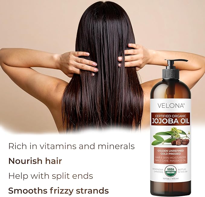 velona Jojoba Oil USDA Certified Organic - 16 fl oz (With Pump) | 100% Pure and Natural | Golden, Unrefined, Cold Pressed, Hexane Free | Moisturizing Face, Hair, Body, Skin Care-GlimoraGlow