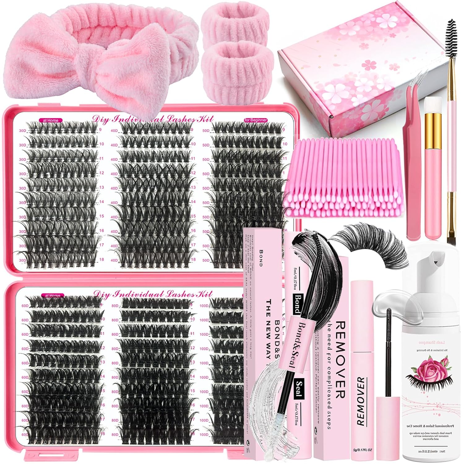 DIY Lash Extension Kit 590Pcs 9-18mm D Curl Lashes Clusters with Lash Bond and Seal Glue Remover Lash Shampoo Cleansing Brush Headband Wristband Tweezers Eyelash Brush Applicator-GlimoraGlow